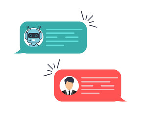 Fototapete - Chat bot robot concept, Dialog help service. Man chatting with chat bot. Dialog with bot. Customer service help. Cute smiling chat bot is written off with a person man.