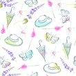 Hand-drawn seamless pattern with butterflies, hearts, wildflowers, hats and umbrellas. Textile summer pattern fow girls. Children clothes print. Wallpaper design watercolor.