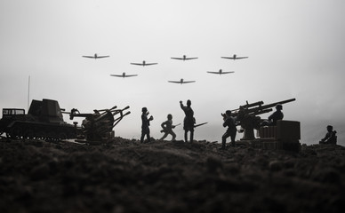 an anti-aircraft cannon and military silhouettes fighting scene on war fog sky background. allied ai