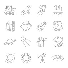 Simple Set Of Space Related Vector Line Icons. Contains Such Icons As Observatory, Planet Earth, Asteroid, Astronaft, Saturn, Moon, Moon Rover, Solar System And More. Editable Stroke. EPS 10