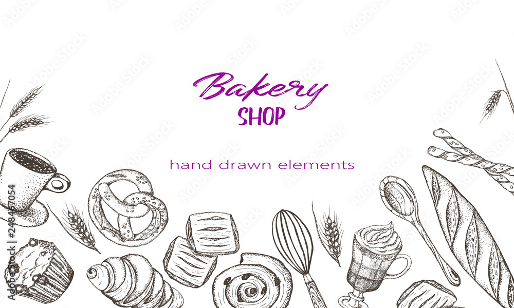 Bakery top view frame. Hand drawn sketch with bread, pastry, sweet ...