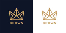 Premium Style Abstract Crown Logo Symbol On Blue Background. Royal King Icon. Modern Luxury Brand Element Sign. Vector Illustration.