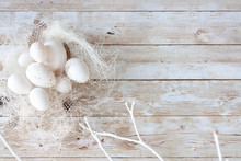 White Eggs On A Wooden Backround For Easter