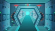 Corridor with a door in a spaceship.Vector cartoon background interior room sci-fi spaceship. Background for games and mobile applications.