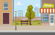 Cute cartoon town street with a shop, tree, bench, fence, street lamp. City street background vector illustration.