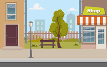 Cute Cartoon Town Street With A Shop, Tree, Bench, Fence, Street Lamp. City Street Background Vector Illustration.