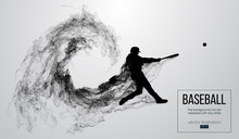 Abstract Silhouette Of A Baseball Player Batter On White Background From Particles, Dust, Smoke. Baseball Player Batter Hits The Ball . Background Can Be Changed To Any Other. Vector Illustration