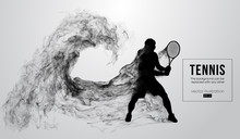 Abstract Silhouette Of A Tennis Player Man Male Isolated On White Background From Particles Dust, Smoke, Steam. Tennis Player Hits The Ball. Background Can Be Changed To Any Other. Vector Illustration