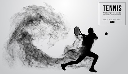 Abstract silhouette of a tennis player woman female isolated on white background from particles dust, smoke. Tennis player hits the ball. Background can be changed to any other. Vector illustration