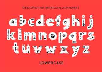 Wall Mural - Vector patterned alphabet decorated with folk mexican ornaments.  Display lowercase font on a red background