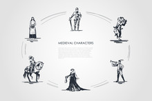 Medieval Characters - Knight, Troubadour, Buffon, Peasant Woman And Countess Vector Concept Set