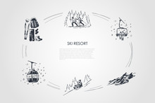 Ski Resort - Ski Equipment And Clothes, Going By Sledges With Child, Skiing In Forest, Ski Lift And Cabin Vector Concept Set