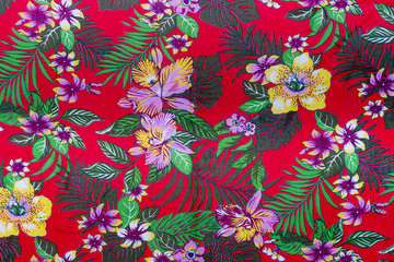 Brazilian chita fabric with roses in a red background taken in Feira de Sao Cristovao, Rio de Janeiro, Brazil. 2017