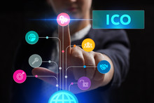 The Concept Of Business, Technology, The Internet And The Network. A Young Entrepreneur Working On A Virtual Screen Of The Future And Sees The Inscription: ICO