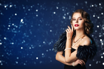 Wall Mural - retro fashion model portrait, old fashioned woman beauty portrait, hairstyle makeup, luxury jewelry 
