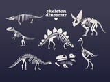 Fototapeta Dinusie - Vector t-rex dinosaur fossil skeleton icon on blue