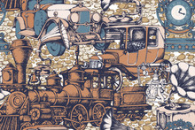  Pattern Of Vintage Train And Other Items From 1900. Vector Illustration. Suitable For Fabric, Wrapping Paper And The Like