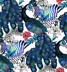 Naklejka na meble Pattern of peacock, nostalgie of art nuvo. Vector illustration. Suitable for fabric, wrapping paper and the like