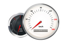 Retro Speedometer And Tachometer, Set Of Car Dashboard Indicators On White