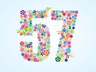 Vector Colorful Floral 57 Number Design isolated on white background. Floral Number Fifty Seven Vector Typeface.