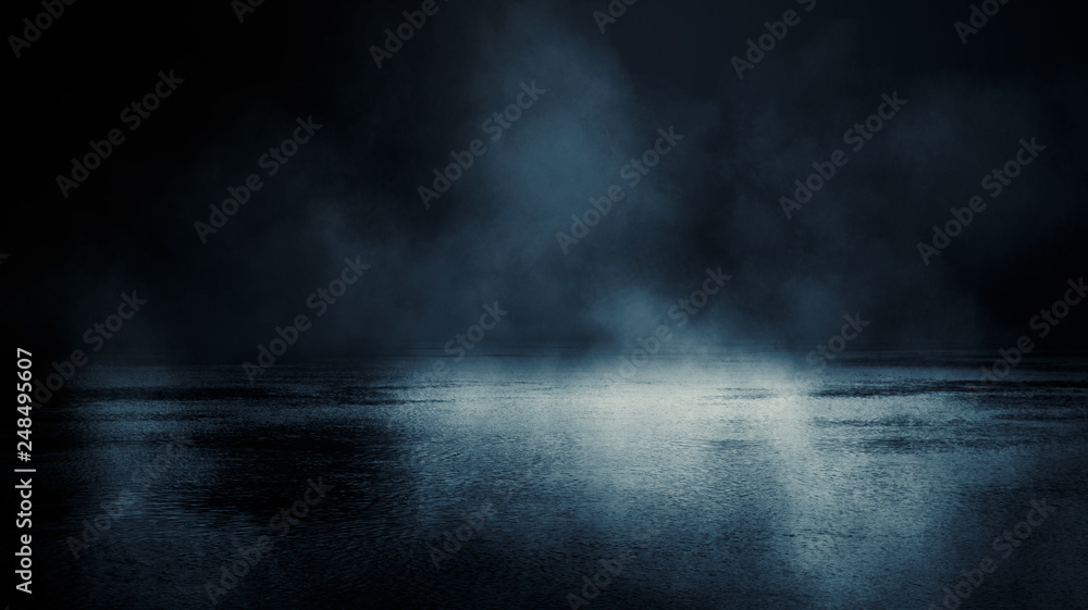 Background scene of empty street. Night view of the river, the night sky with clouds, the reflection of light on the water. Smoke fog - obrazy, fototapety, plakaty 