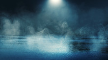 Background Scene Of Empty Street. Night View Of The River, The Night Sky With Clouds, The Reflection Of Light On The Water. Smoke Fog
