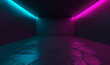 The Background Of An Empty Room With Concrete Walls And Floor Tiles. Pink And Blue Neon Light, Smoke. Spotlight