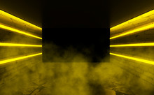 Background Of Empty Room With Brick Walls, Concrete Floor, Tiles. Yellow Neon Light Smoke
