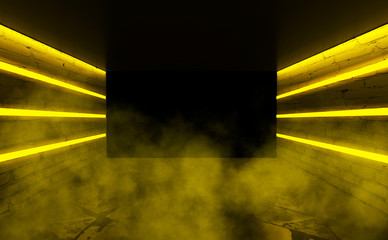 Leinwandbilder - Background of empty room with brick walls, concrete floor, tiles. Yellow neon light smoke