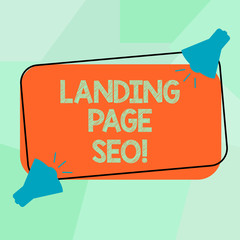 Conceptual hand writing showing Landing Page Seo. Business photo text web that visitor arrive after they click link search engine Two Megaphone with Sound icon on Color Outlined Rectangular Shape