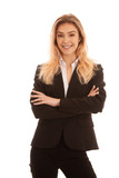 Fototapeta Na sufit - Beautiful blond young business woman in black suit isolated over white