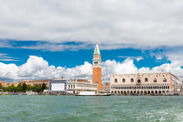 Wall Mural - Venice landmark, view from sea of Piazza San Marco or st Mark square, Campanile and Ducale or Doge Palace. Italy