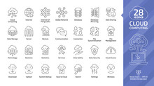 Cloud Computing Editable Stroke Outline Icon Set With Global Network Data Server And Internet Technology, Database Platform, Computer Digital System Thin Line Sign.