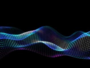 Poster - 3d abstract digital technology background. Futuristic sci-fi user interface concept with gradient dots and lines. Big data, artificial intelligence, music hud. Blockchain and cryptocurrency