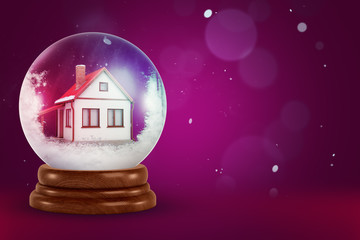 3d rendering of a house model inside of a snow globe on festive background.