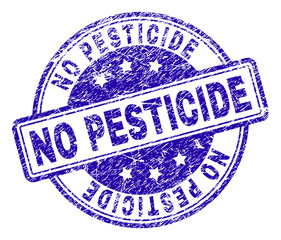 Sticker - NO PESTICIDE stamp seal imprint with grunge texture. Designed with rounded rectangles and circles. Blue vector rubber print of NO PESTICIDE title with grunge texture.