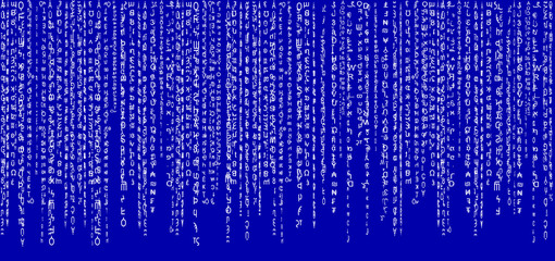 The matrix is white on a blue background.Computer virus and hacker screen wallpaper