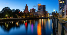 Providence, Rhode Island, United States - October 25, 2018: Scenic View Of A Beautiful Modern Downtown City During A Colorful Night After Sunset.