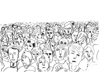 Black and white contour of a crowd of people drawing a marker on a white background with a blank area on top.