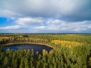 Canvas Print - Aerial view of beautiful covered with forest landscape of Mazury region during autumn season, Ogonki, Poland