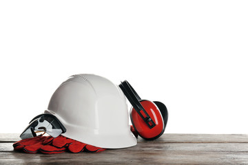 Sticker - Set of safety equipment on table against white background