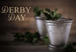 Image for Kentucky Derby in May showing two silver mint julep cups with crushed ice and fresh mint in a rustic setting