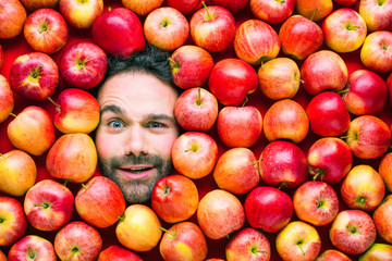 Fototapete - Mann mit Äpfeln , Konzept für Lebensmittelindustrie. Gesicht von lachenden mann  in Apfel Fläche