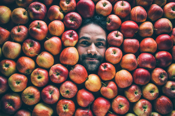 Fototapete - Mann mit Äpfeln , Konzept für Lebensmittelindustrie. Gesicht von lachenden mann  in Apfel Fläche.