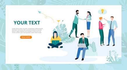 Landing page template for business or educational projects with people and space for text on white background.