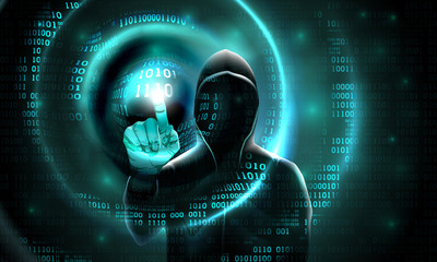 Computer hacker with a hood touches the touch screen binary code. Light waves on abstract binary software dark background hacker silhouette. Hacking computer system, database, data theft, vector