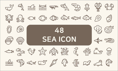 Set of 48 sea life and ocean Vector Icons. Contains such Icons as Nautical Creatures , sea food, sea, ocean, fish, coral, sea horse, seaweed, turtle And Other Elements.