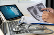 Health care writing prescription Doctor working modern virtual screen interface network