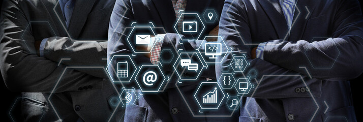 Man using  tablet computer  virtual interface graphic icons network diagram Digital marketing