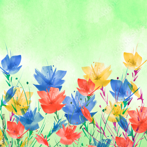 Watercolor Painting A Bouquet Of Flowers Of Blue Red Poppies Wildflowers On A White Isolated Background Watercolor Floral Illustration Logo Abstract Green Blue Violet Splash Of Watercolor Paint Stock Illustration Adobe Stock